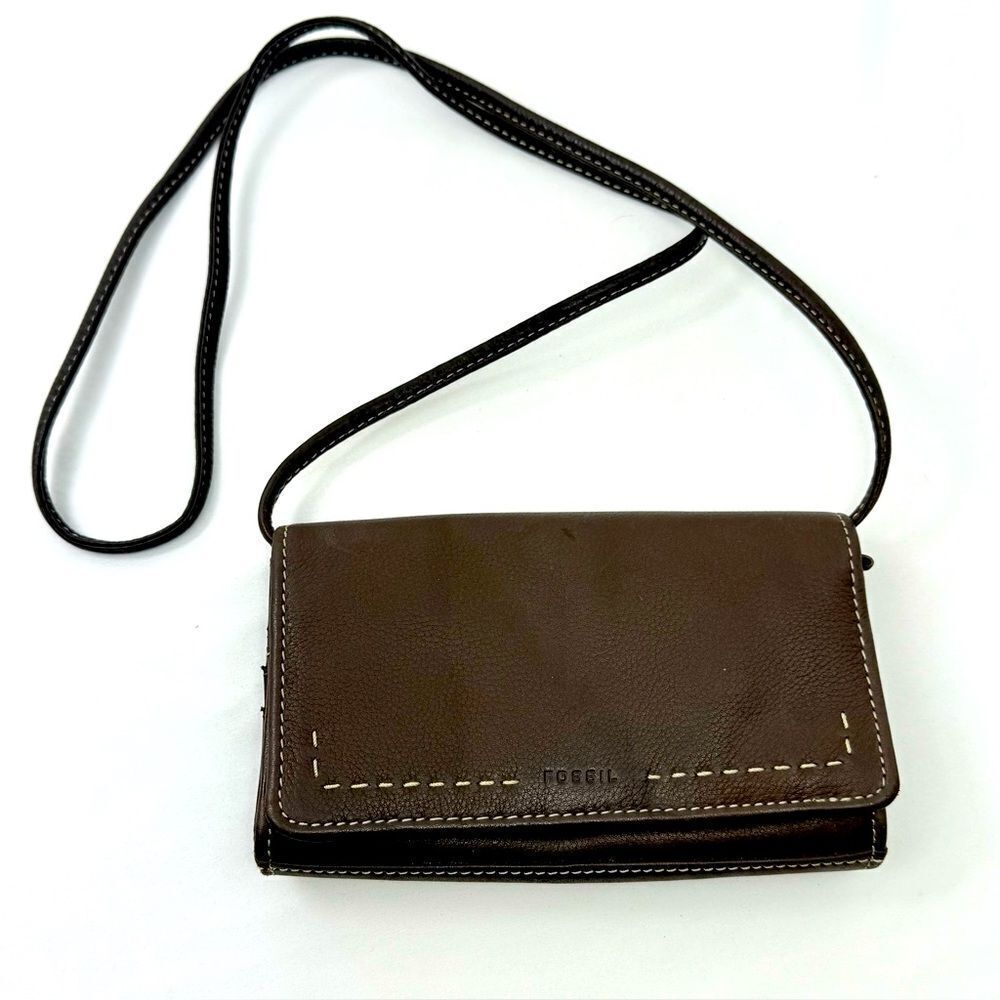 Fossil Brown Leather Exposed Stitch Trifold Crossbody Organizer Wallet Mini Bag